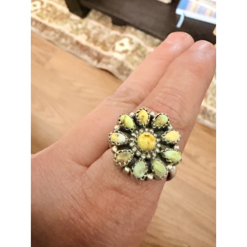 Sterling Silver Yellow Green Turquoise Cluster Flower Statement Ring